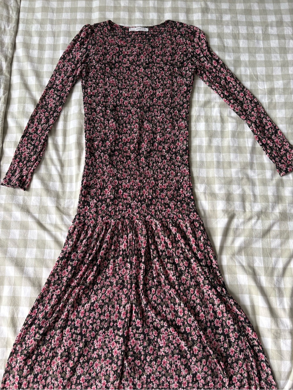 Mango Black Dress with Pink Floral Print — Long Sleeve Midi